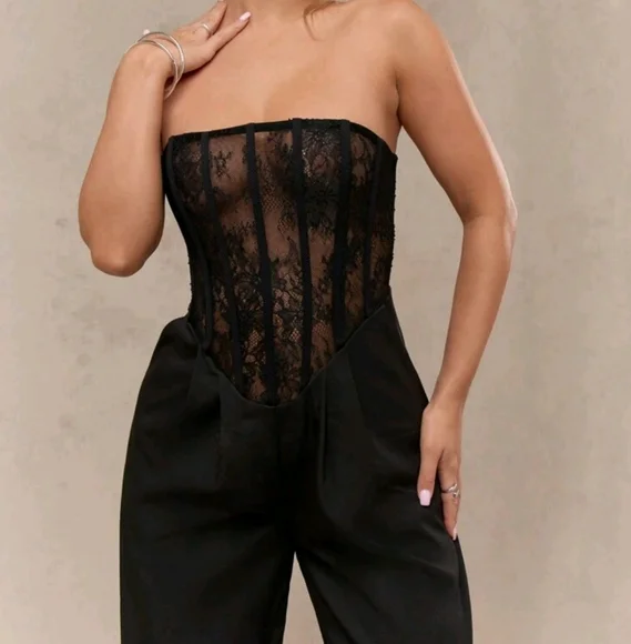 Sheer Lace Boned Corset Detail Pleated Pants Bandeau Jumpsuit - Picture 3 of 6